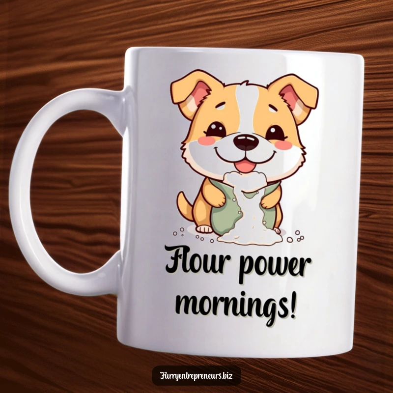 Funny mug of a mischievous dog with a comically large smile, dropping flour from a bag, creating a powdery mess.