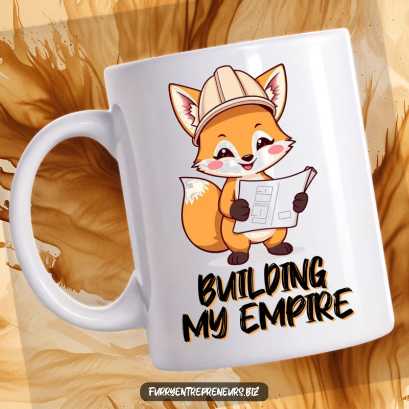 Funny mug showing a smiling fox engineer in a hard hat, holding a blueprint, ready to construct anything with a cheerful attitude.