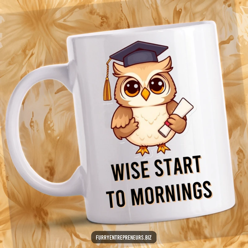 Funny owl wearing a graduation cap and holding a diploma, looking curious on a coffee mug, ideal for a funny graduation gift.