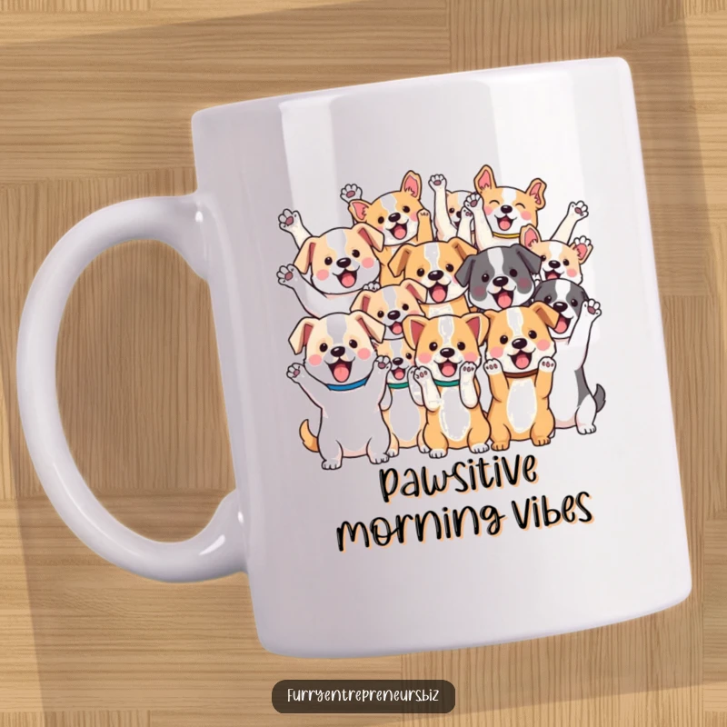 Funny mug featuring a group of various kawaii dogs cheering joyfully with their paws raised in the air.