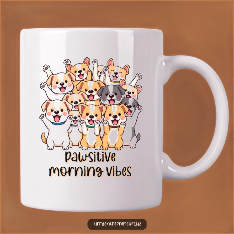 Funny Kawaii Dog Mug: Cheerful Pack with Paws Up, Perfect Funny Gift for Dog Lovers
