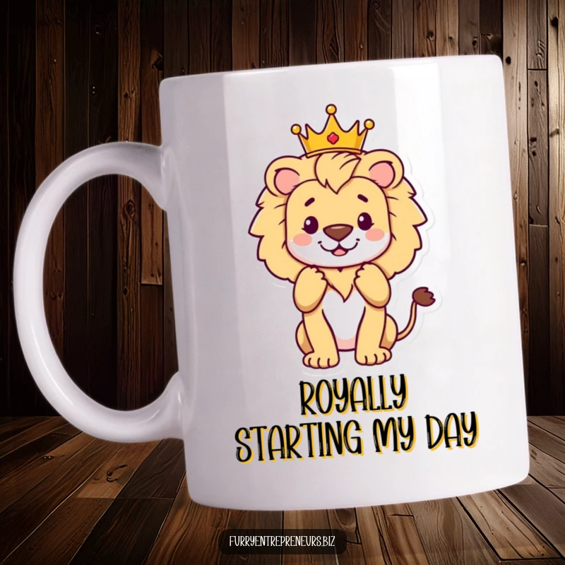 Funny proud lion wearing a crown, basking in applause, a regal and humorous mug perfect for a funny gift.