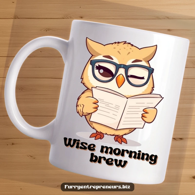 Funny mug showing a winking owl wearing glasses, diligently reading a large financial report, symbolizing wisdom and financial savvy.
