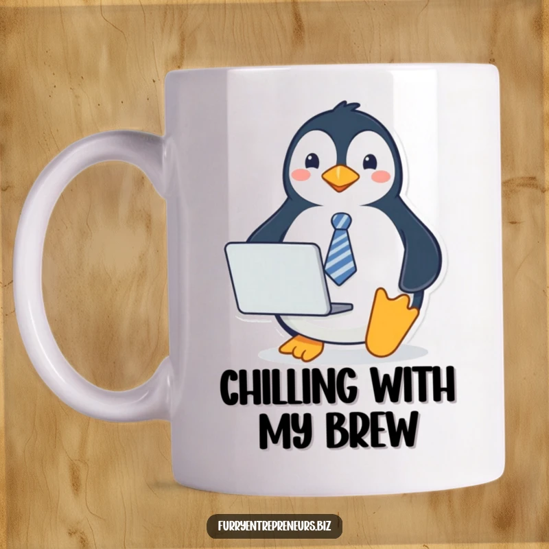 Funny penguin mug with a playful penguin wearing a tiny tie, holding a laptop, looking professional and cute for office humor.