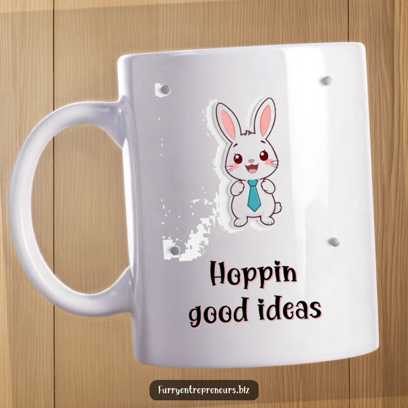 Funny mug showing a happy rabbit wearing a tiny tie and presenting information on a whiteboard with enthusiasm.
