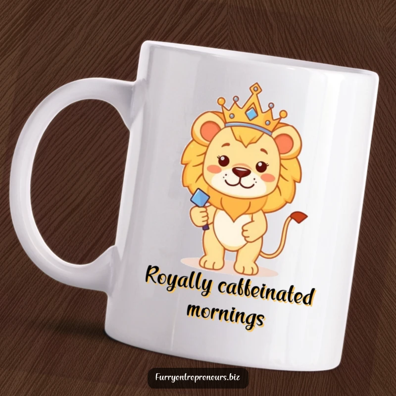 Funny lion king mug featuring a proud lion in a tiny crown and scepter, ruling his domain with regal humor.