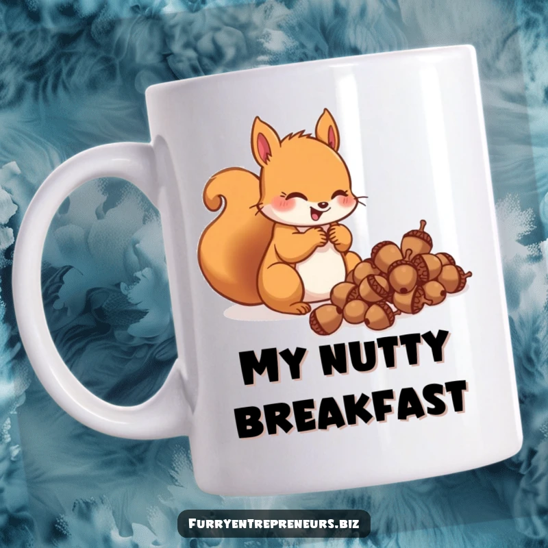 Funny squirrel character gleefully counting a large pile of acorns, looking delighted and prosperous.