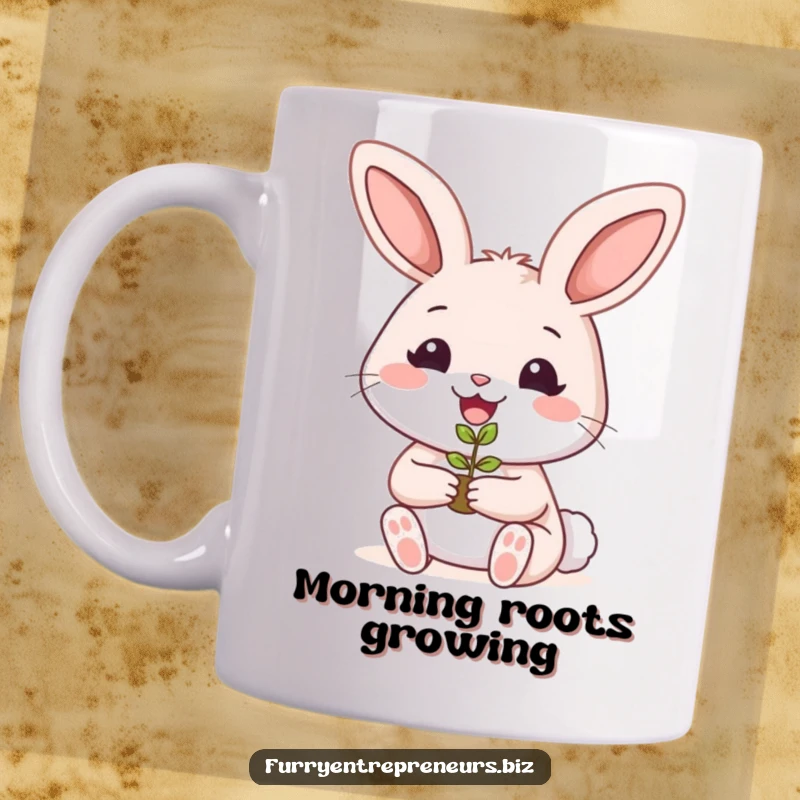 Funny rabbit gardener mug showing a smiling bunny holding a tiny plant seedling, radiating love for nature.