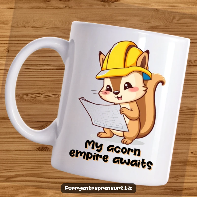 Funny squirrel engineer wearing a hard hat intensely studying a blueprint, perfect for construction humor gifts.