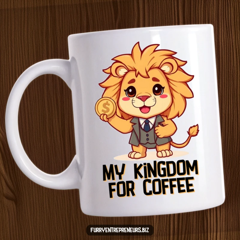 Funny lion in a tiny suit holding a coin, looking brave and determined on this hilarious mug, a symbol of business ambition.