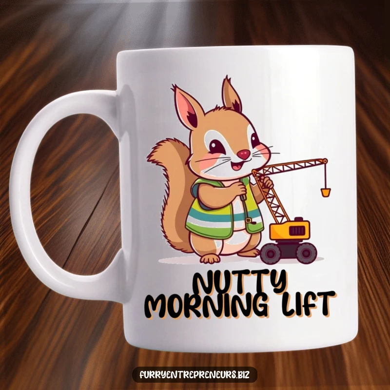 Funny Squirrel Crane Operator Mug: A determined squirrel in a construction vest skillfully operating a miniature crane, showcasing industrious humor and impressive building skills.