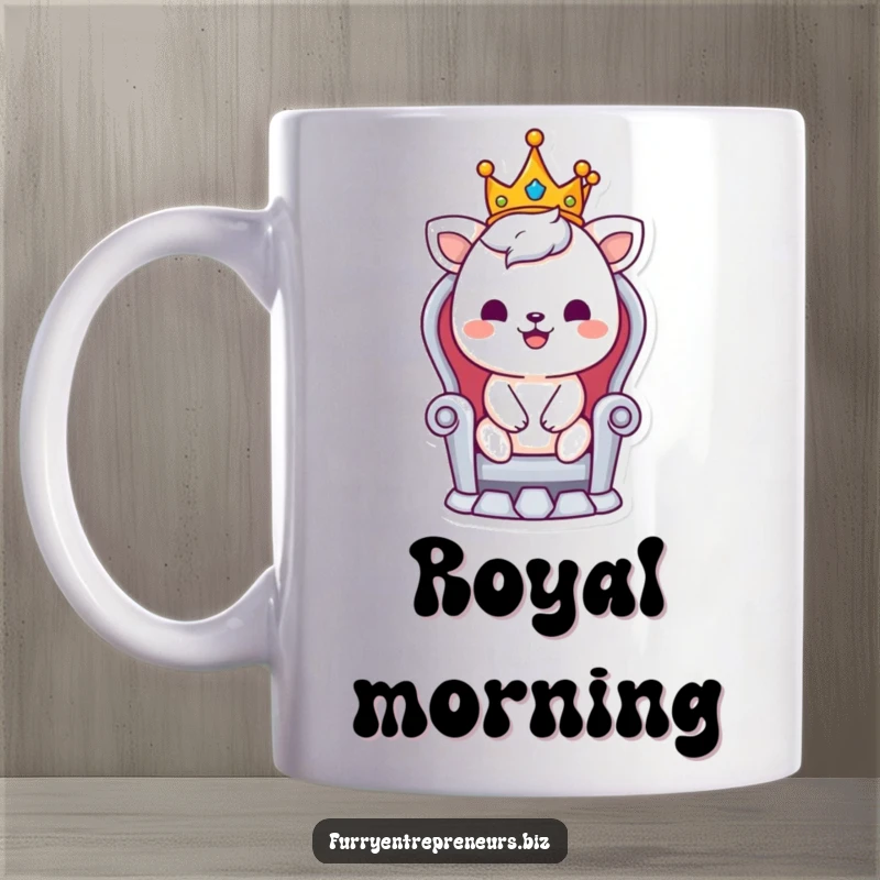 Funny mug showing a smiling animal character wearing a tiny crown, sitting on a tiny throne like a king.