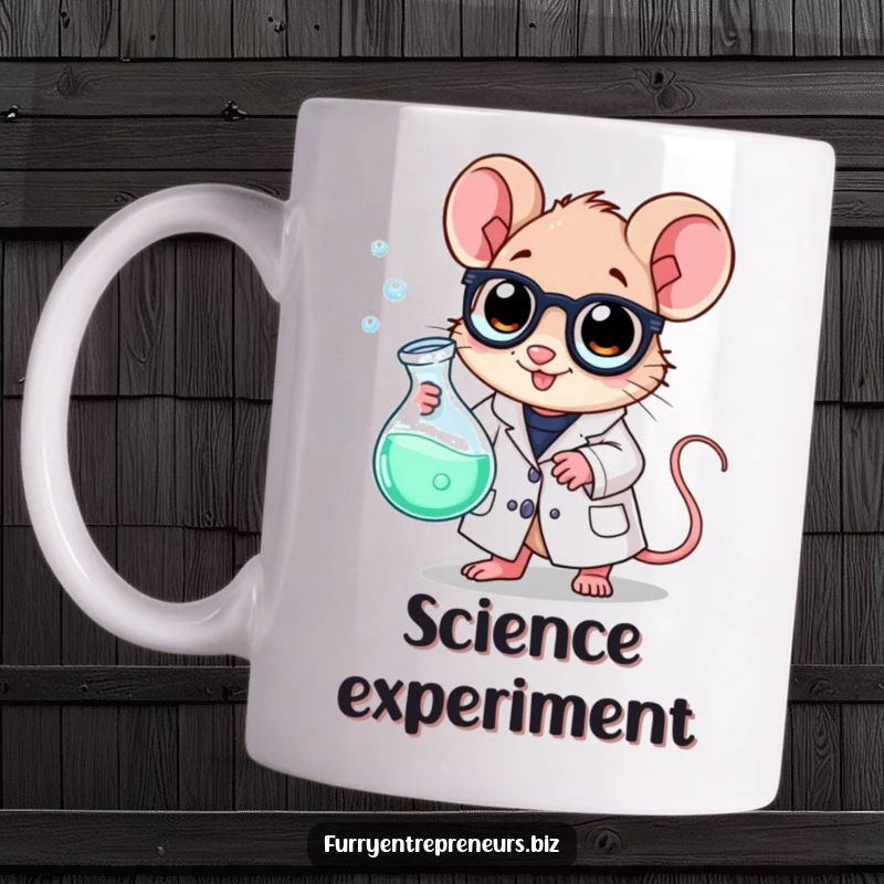 Funny scientist mouse mug, wearing a lab coat, holding a bubbling beaker with a mischievous expression, ready for experiments.