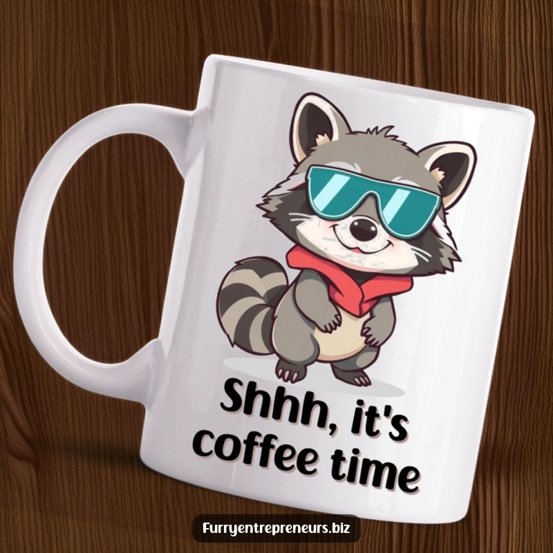 Funny cheeky raccoon in a spy disguise, sneaking stealthily, secret agent humor, mysterious and amusing, perfect funny gift.