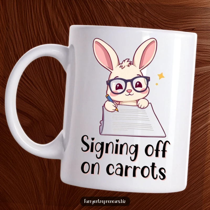 Funny rabbit mug, wearing glasses, diligently signing a very large document with a pen.