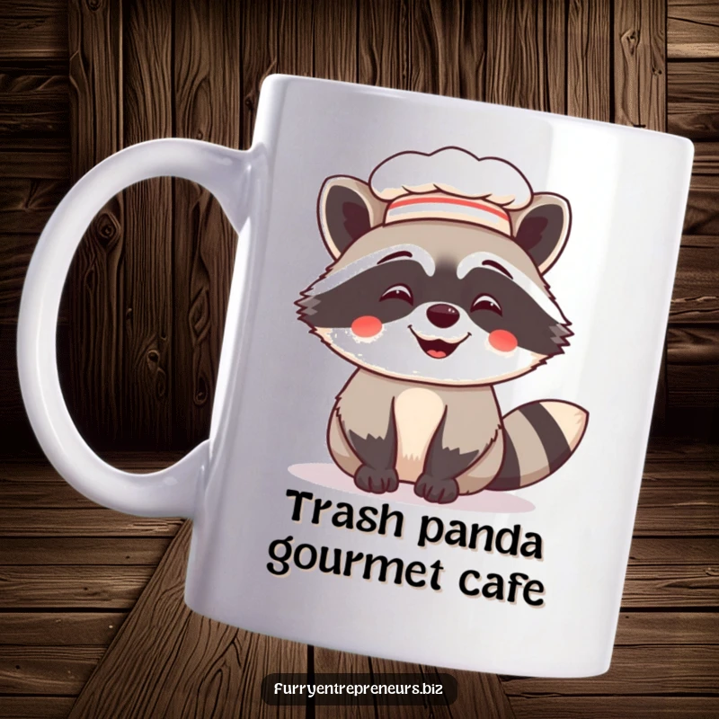 Funny mug featuring a giggling raccoon wearing a small chef hat, embodying culinary mischief and humor, a perfect foodie gift.