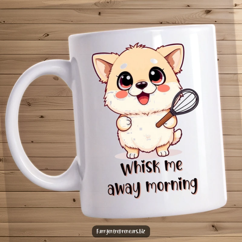 Funny mug of a fluffy dog with wide, happy eyes, joyfully holding a whisk, radiating pure enthusiasm for baking.