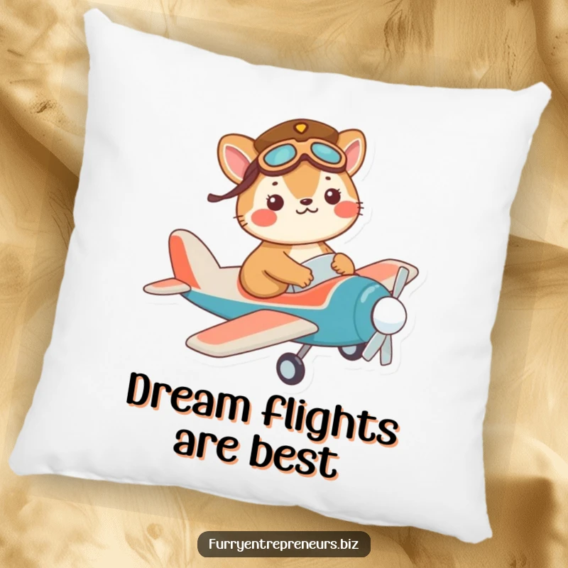 Funny pilot animal pillow featuring a mischievous character in a tiny pilot hat, flying a toy plane.
