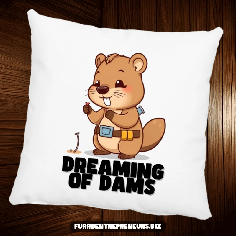 Funny pillow featuring a cute beaver character wearing a tool belt, examining a tiny nail, perfect for cozy workshops.
