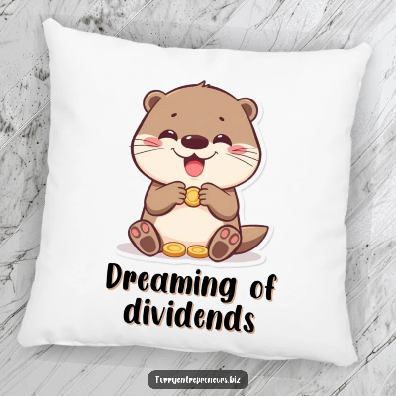 Funny otter counting coins with a joyful expression on a soft pillow, ideal for humorous home decor and funny gifts.