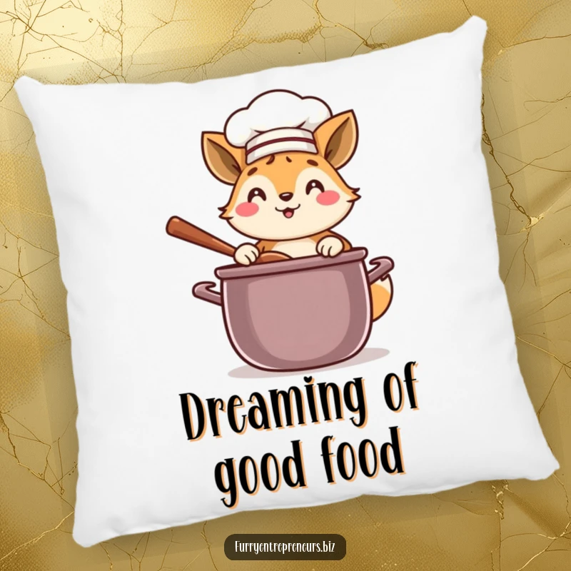 Funny chef animal pillow with a happy character in a chef hat, stirring a big pot of yummy food.