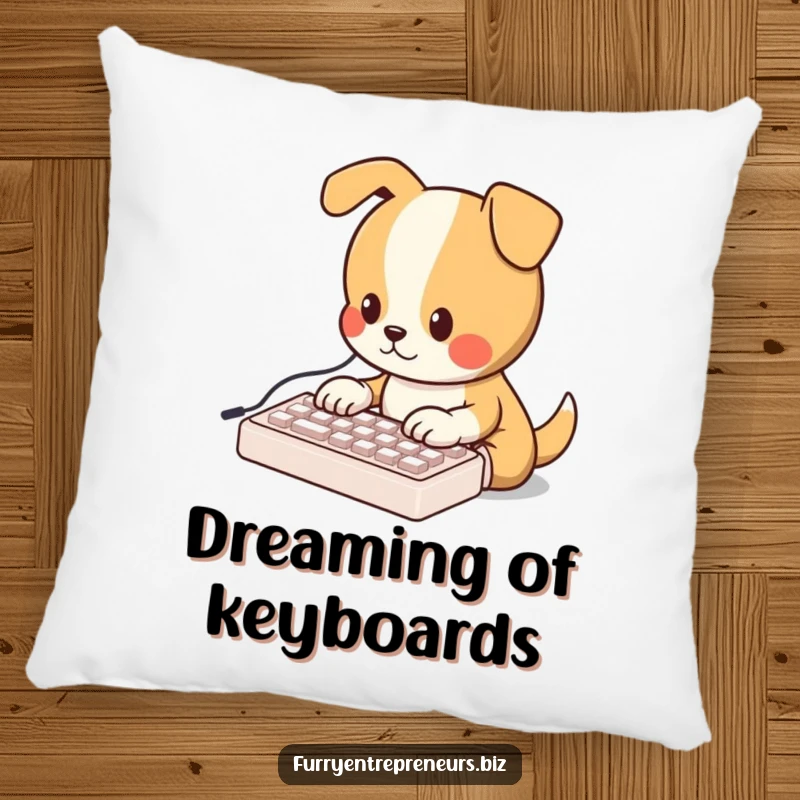 Funny pillow featuring an adorable dog character typing on a miniature keyboard, offering comfort and a touch of tech humor.
