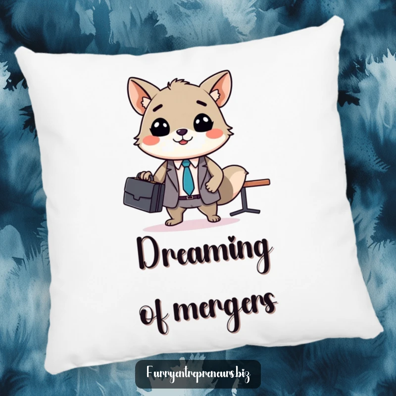 Funny animal business meeting pillow, a smiling creature with a briefcase leads a tiny conference, a soft and humorous addition to any seating.