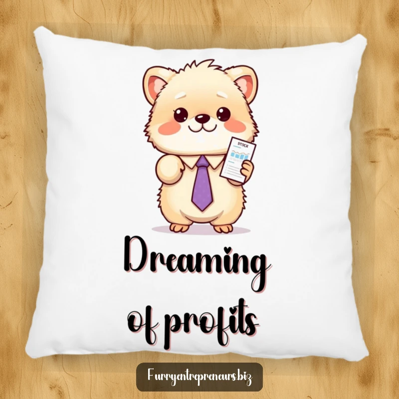 Funny animal stock pillow featuring a fluffy creature in a tie, enthusiastically presenting a miniature stock chart, offering comfort and humor.