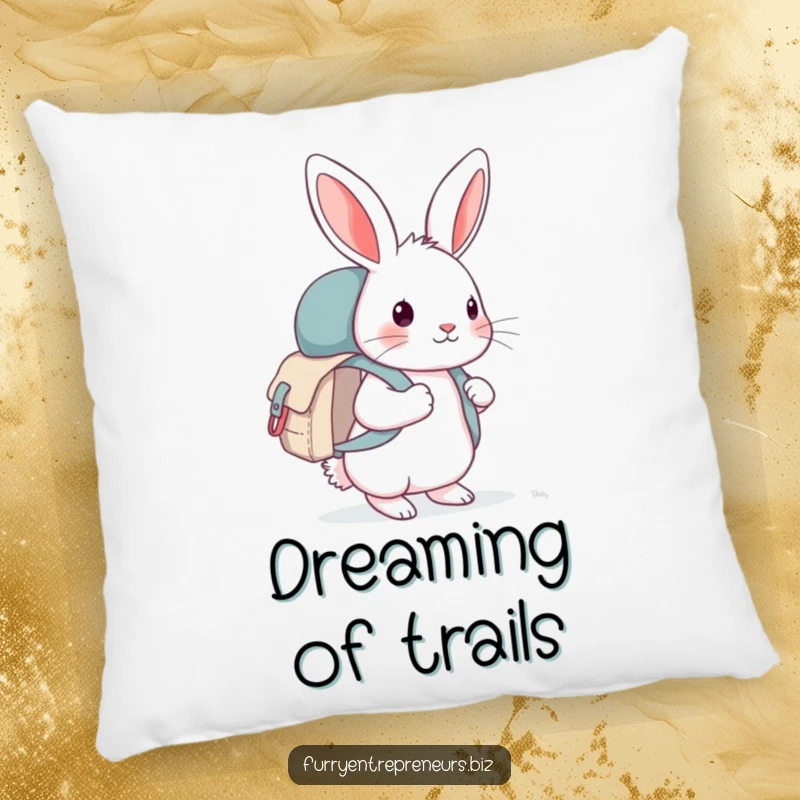 Funny rabbit with a small backpack resting, designed on a soft pillow, inviting comfort and whimsical decor, a great funny gift.