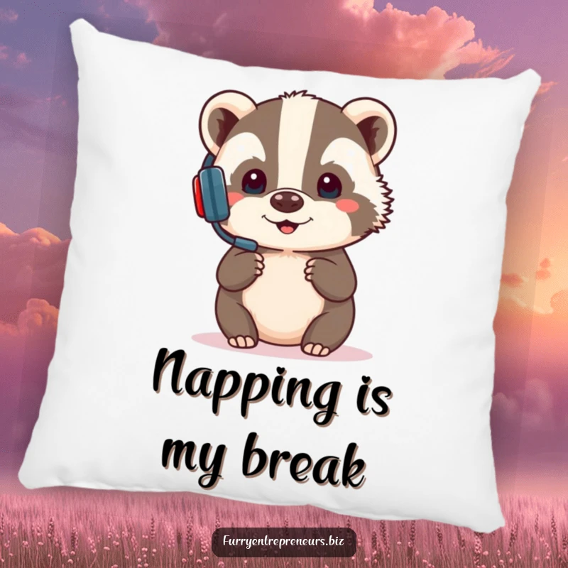 Funny decorative pillow featuring a focused badger in a headset, presenting with comical seriousness, offering cozy comfort and professional wit.