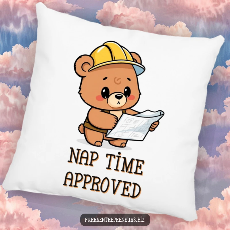 Funny bear wearing a hard hat, focused on a blueprint, a soft and humorous decorative pillow.