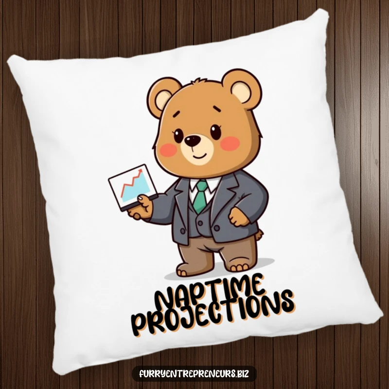 Funny bear pillow, wearing a tiny business suit, presenting a pie chart with mock seriousness.