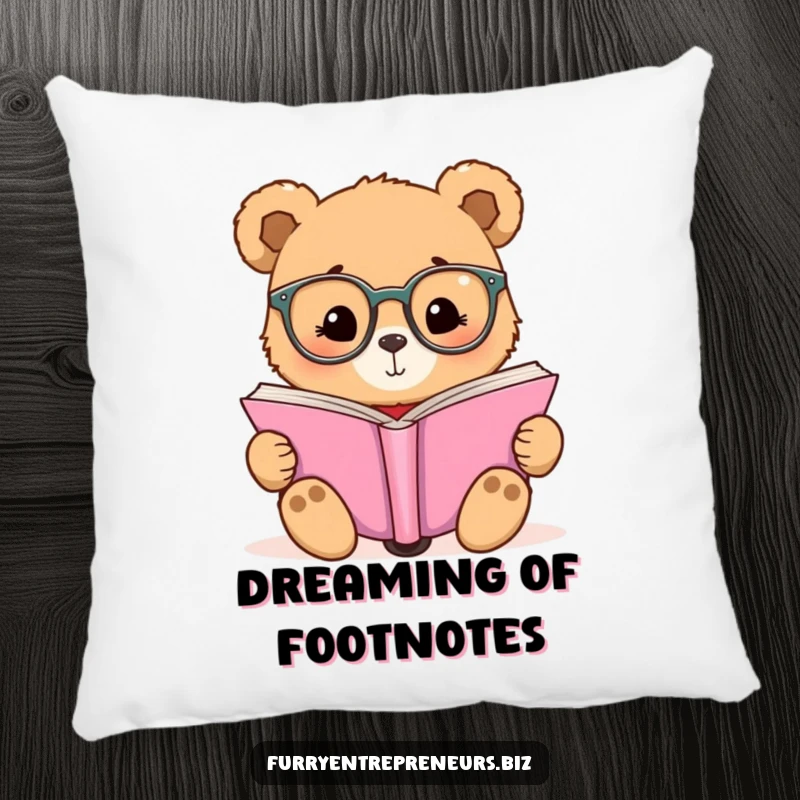 Funny pillow featuring a bear in small glasses reading, providing comfort and a touch of humor.