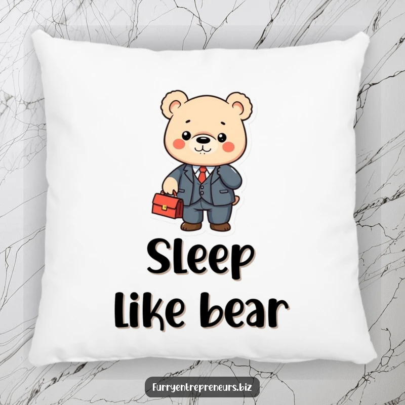 Cute bear character in a tiny suit shaking a briefcase on a throw pillow, bringing comfort and professional humor.