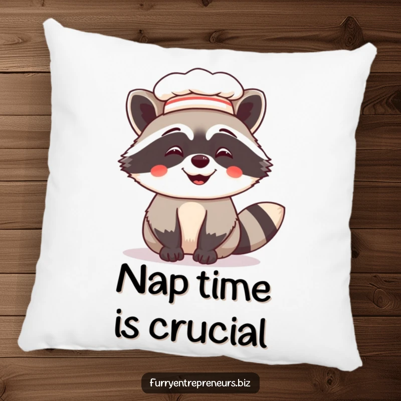 Funny decorative pillow featuring a giggling raccoon in a chef hat, offering cozy comfort and a dose of whimsical culinary humor.