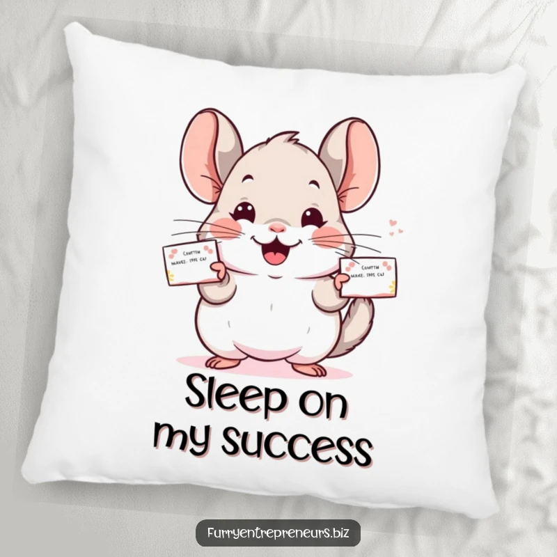 Funny Chinchilla pillow showcasing a cheerful character busy distributing business cards, bringing humor to any seating.