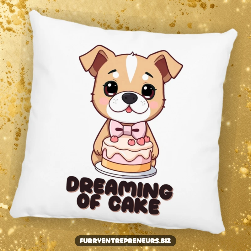 Funny pillow design of a determined dog wearing a mini bowtie, proudly presenting a lopsided cake with a look of pure accomplishment.