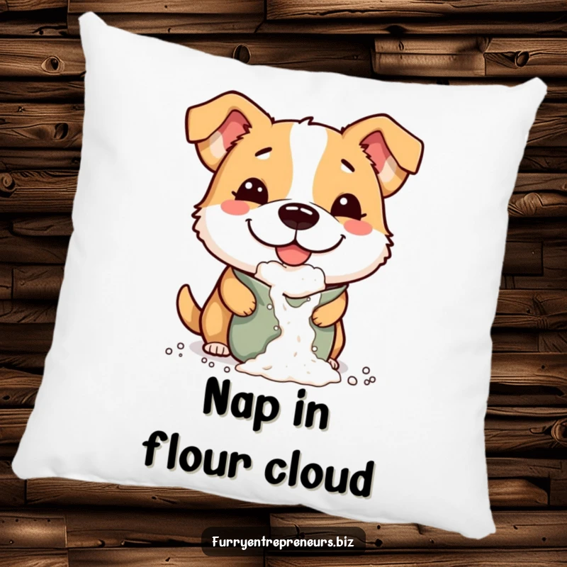 Funny pillow design of a mischievous dog with a comically large smile, playfully dropping flour from a bag, full of glee.