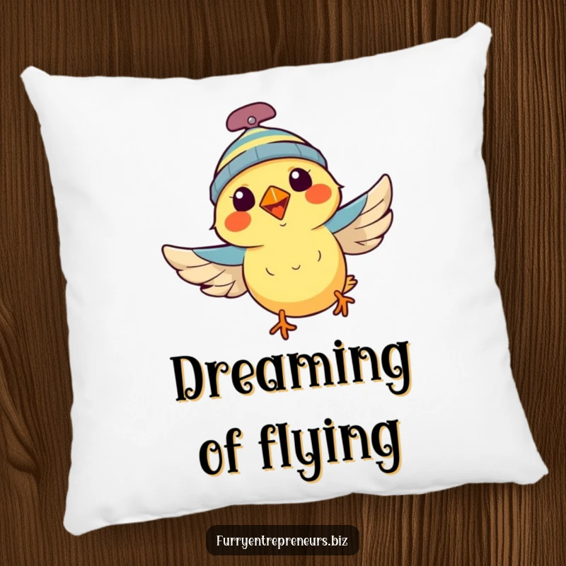 Funny bird wearing a propeller beanie, flying joyfully, on a decorative pillow, bringing aerial fun, a great funny gift.