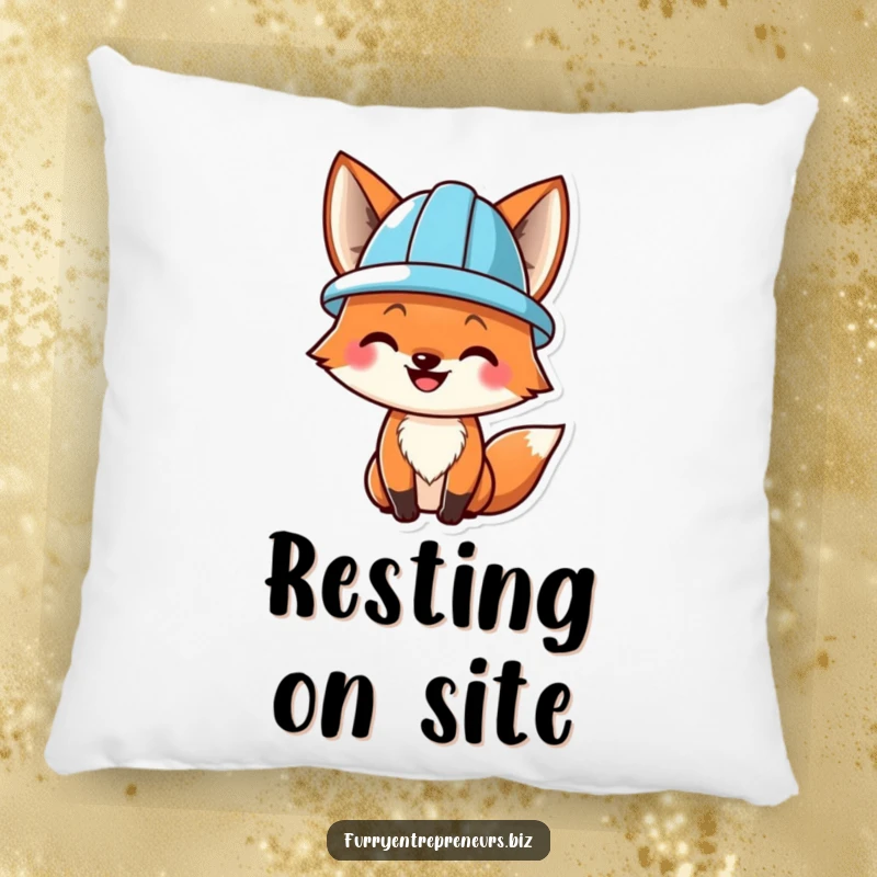 Funny pillow featuring a smiling fox wearing a small hard hat, adding cozy construction humor and a cheerful vibe to decor.