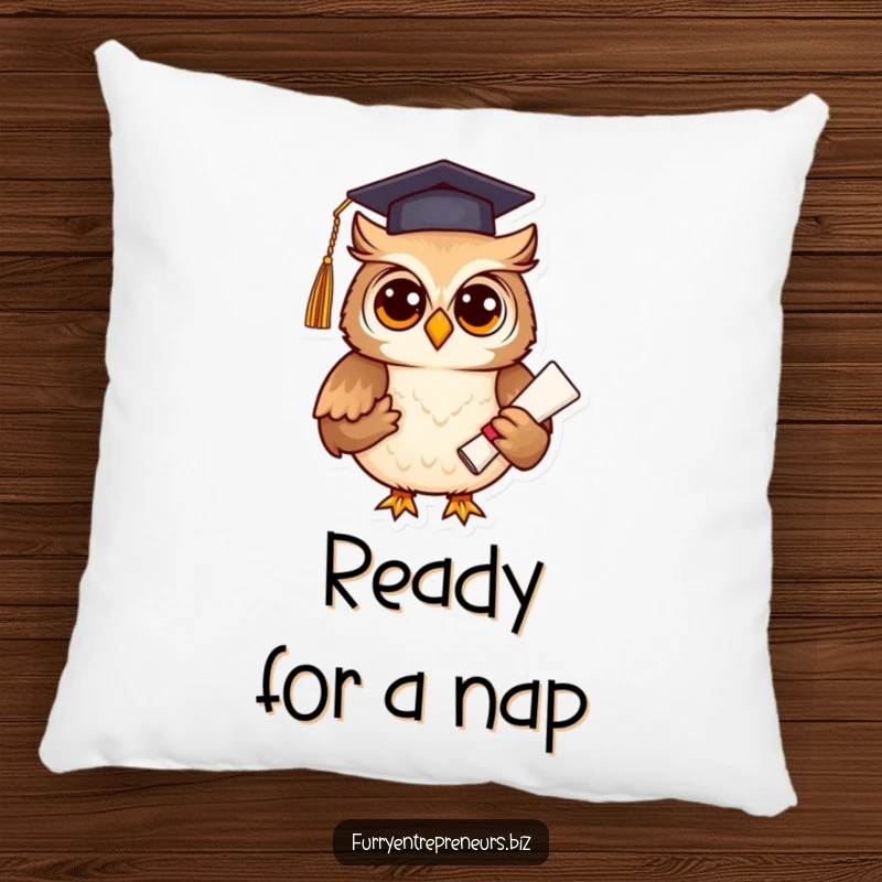 Funny owl wearing a graduation cap and holding a diploma, on a soft pillow, bringing wisdom and humor, great for a funny gift.