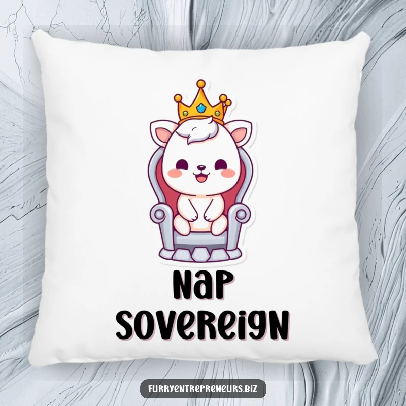 Funny pillow with a smiling animal character wearing a crown, seated on a tiny throne, offering plush comfort and royal humor.
