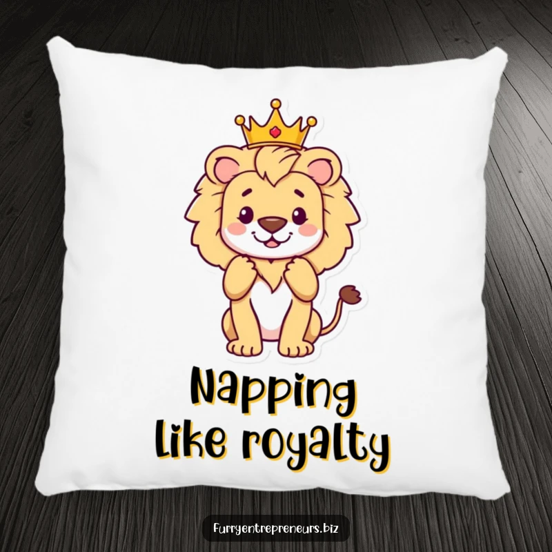 Funny proud lion with crown accepting applause on a plush pillow, ideal for regal comfort and funny gifts.