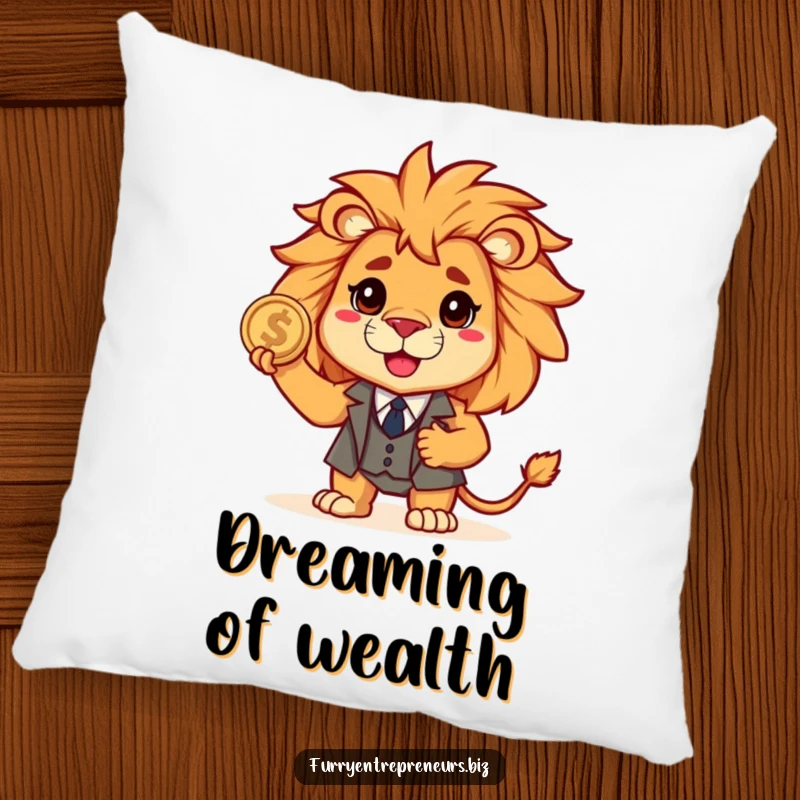 Funny lion wearing a miniature suit, clutching a coin with pride, looking brave on this soft and humorous decorative pillow.