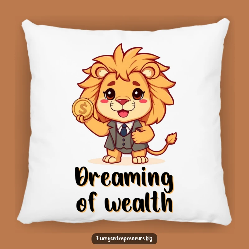 Funny Lion Suit Pillow: Brave Business Beast Holding Coin, Cozy Humor Gift!