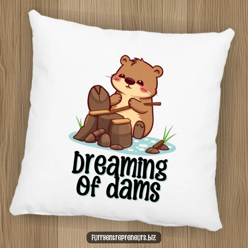Funny pillow with a beaver character building a tiny dam with tiny sticks, offering soft comfort and a humorous, industrious theme.