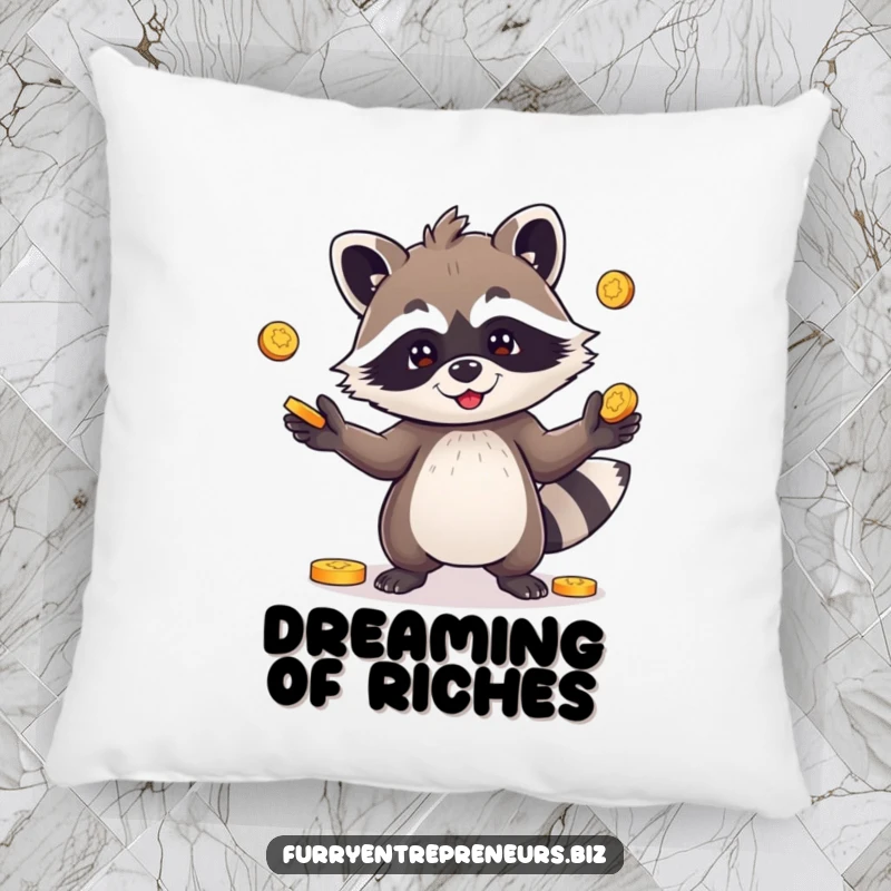 Funny pillow with a playful raccoon character juggling coins, offering soft comfort and a humorous, mischievous theme.