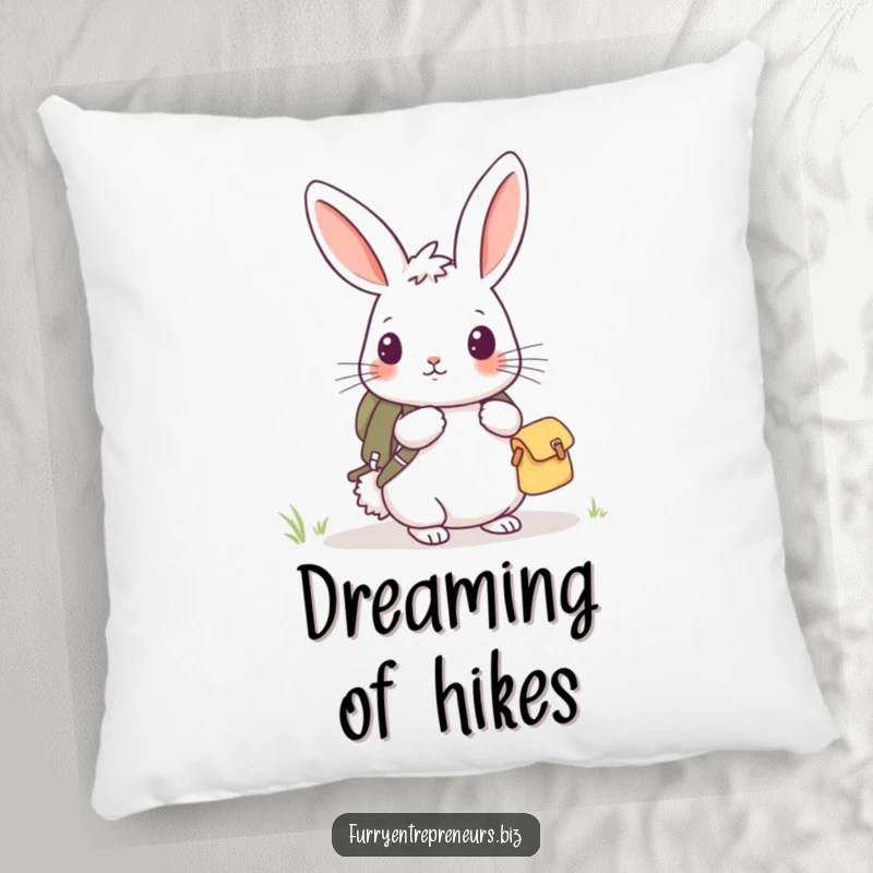 Funny rabbit explorer pillow featuring a curious rabbit with a tiny backpack resting, perfect for cozy dreaming.