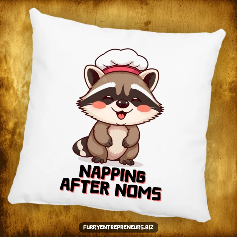 Funny raccoon chef pillow with a giggling raccoon in a chef hat, offering soft comfort and a humorous, culinary-themed touch.