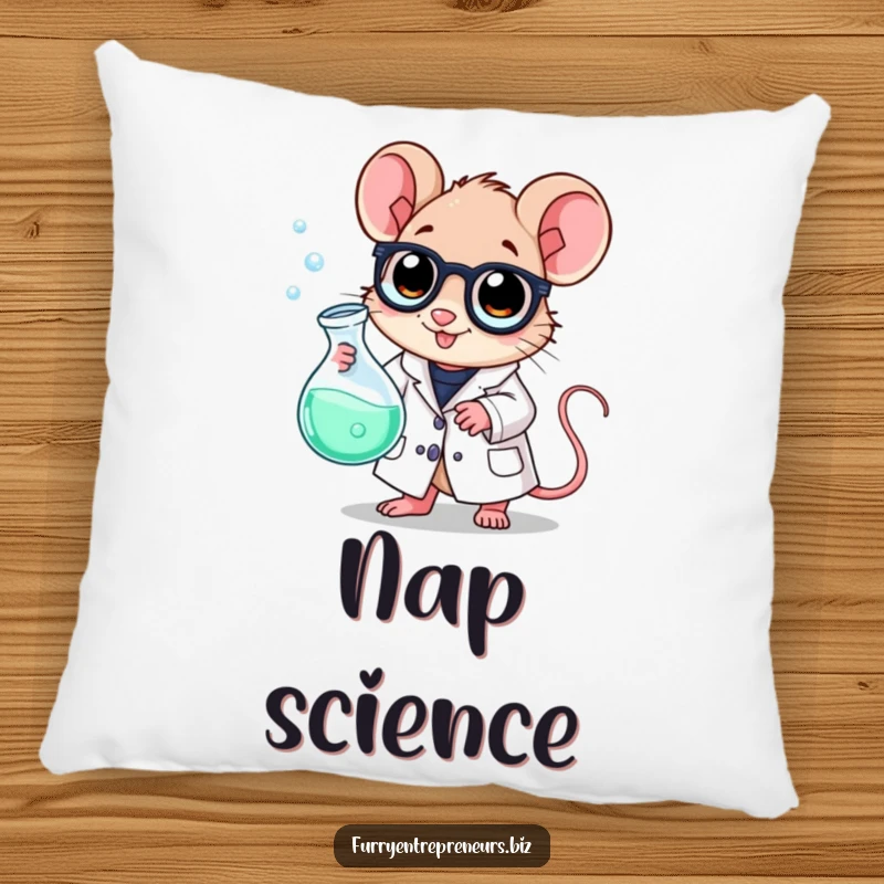Funny scientist mouse pillow, wearing a lab coat and holding a bubbling beaker, soft and plush with a humorous science theme.